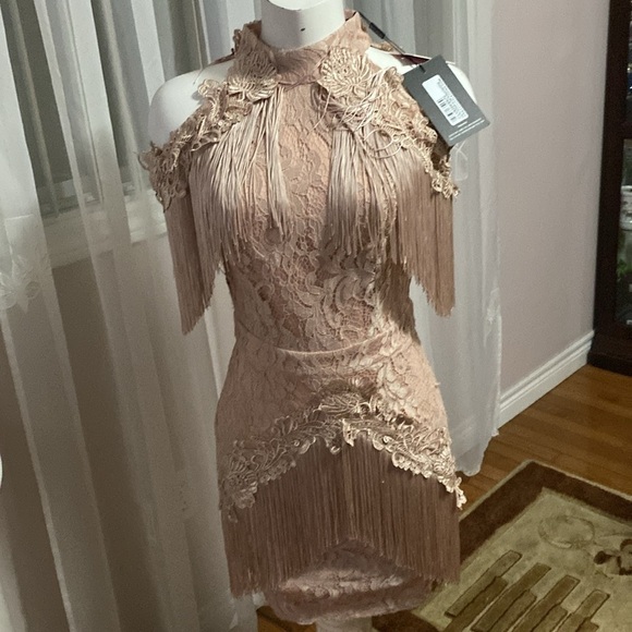 DUSTY PINK COLD SHOULDER LACE TASSEL TRIM BODYCON DRESS Sz US 4 - Picture 8 of 12